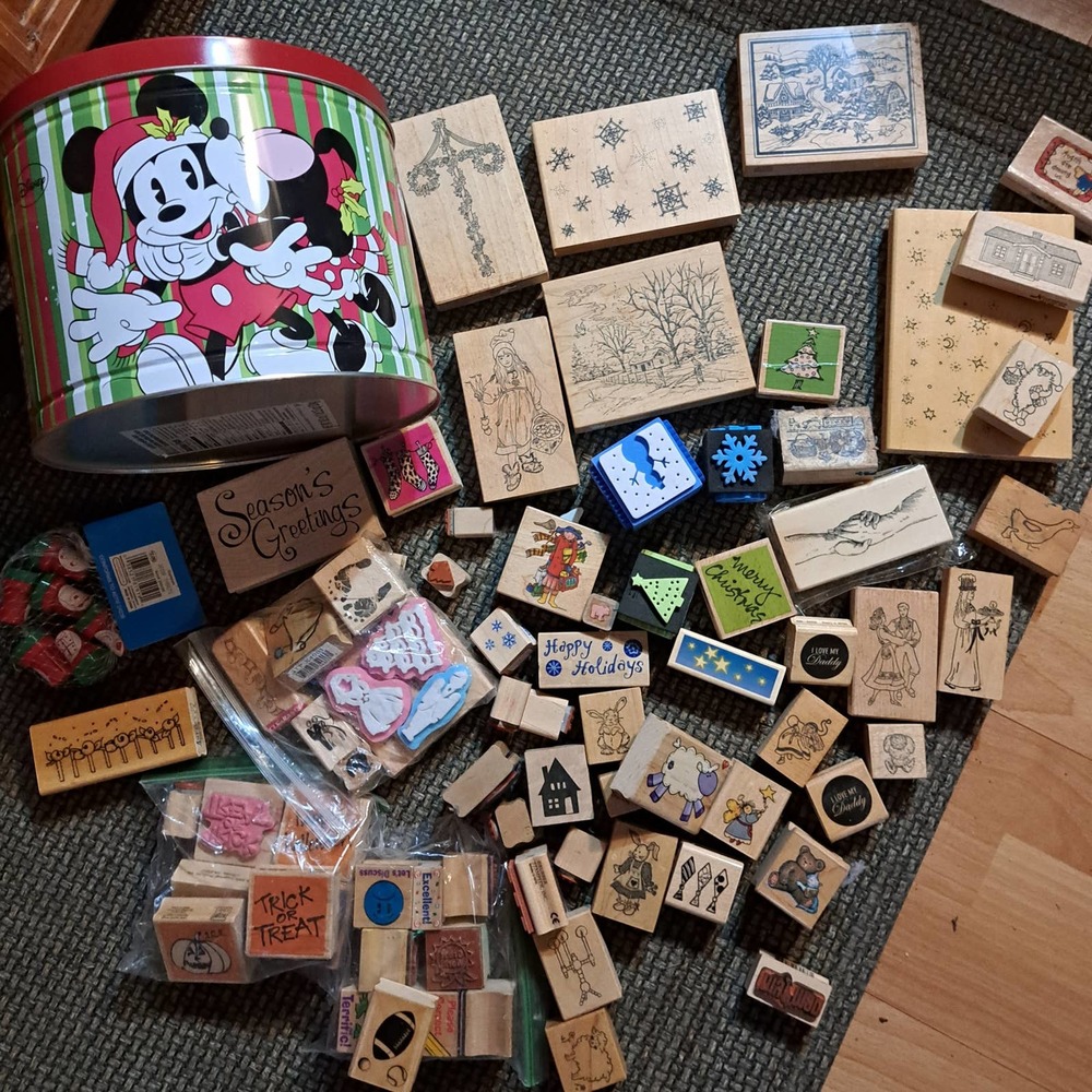 80 Plus Holiday - School - Winter-Halloween Rubber Stamps in Vintage Tin